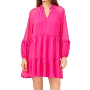 NEW Vince Camuto V-Neck Pink Tiered Ruffle Flowy Chiffon Mini Dress Women Sz XL